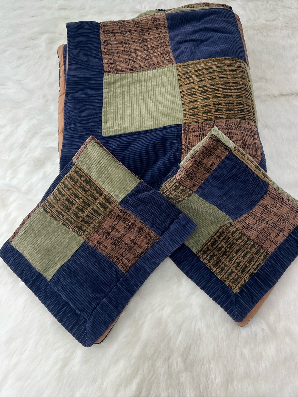 Handmade Patchwork  Blocks Quilted ,corduroy two pillows shams